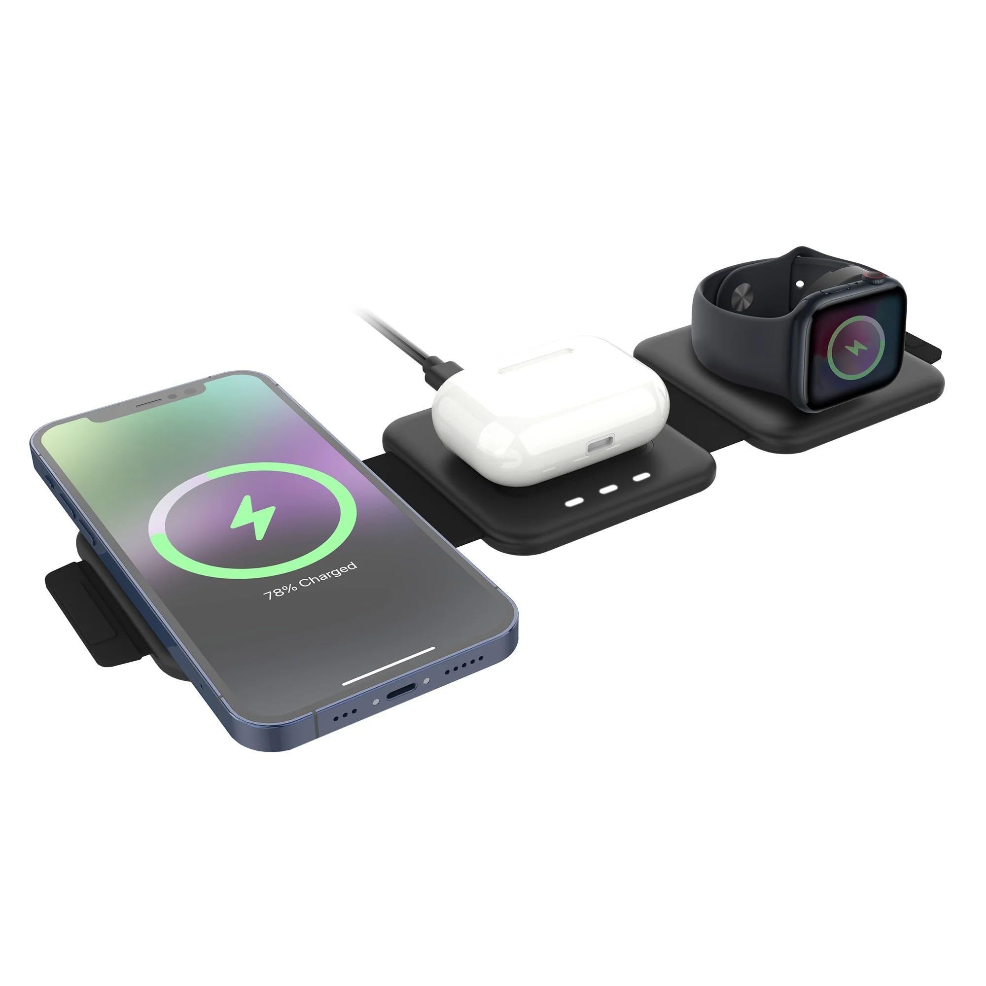 Black 3-in-1 Folding Wireless Charging Pad for Phone Earbuds Watch