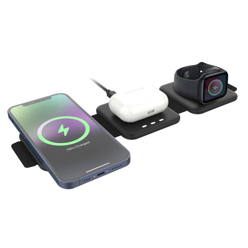 Black 3-in-1 Folding Wireless Charging Pad for Phone Earbuds Watch