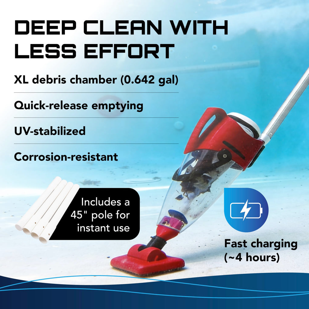 Pulse Cordless Pool Vacuum Rechargeable XL Debris Chamber 45 Pole 45 Min Runtime Red
