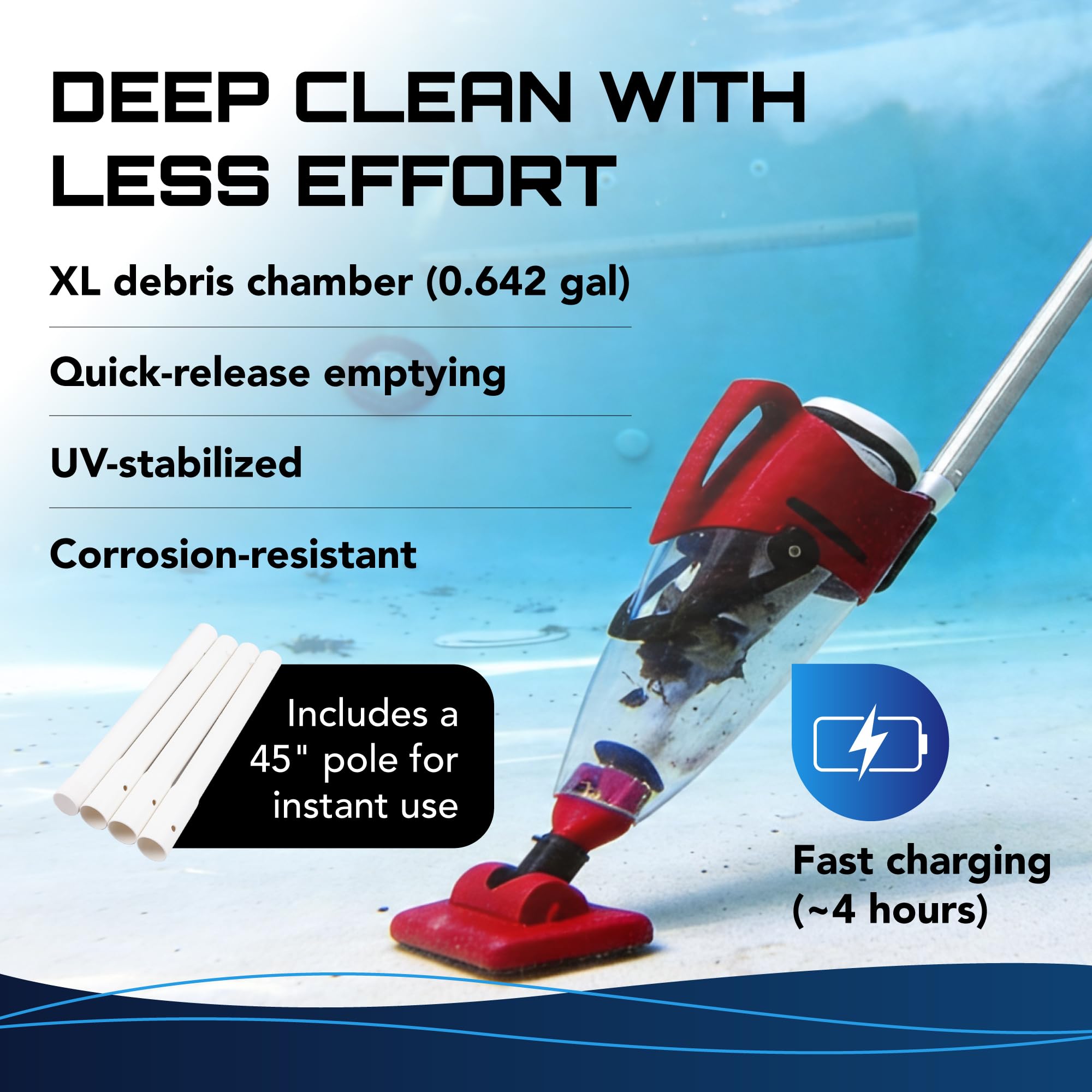 Pulse Cordless Pool Vacuum Rechargeable XL Debris Chamber 45 Pole 45 Min Runtime Red