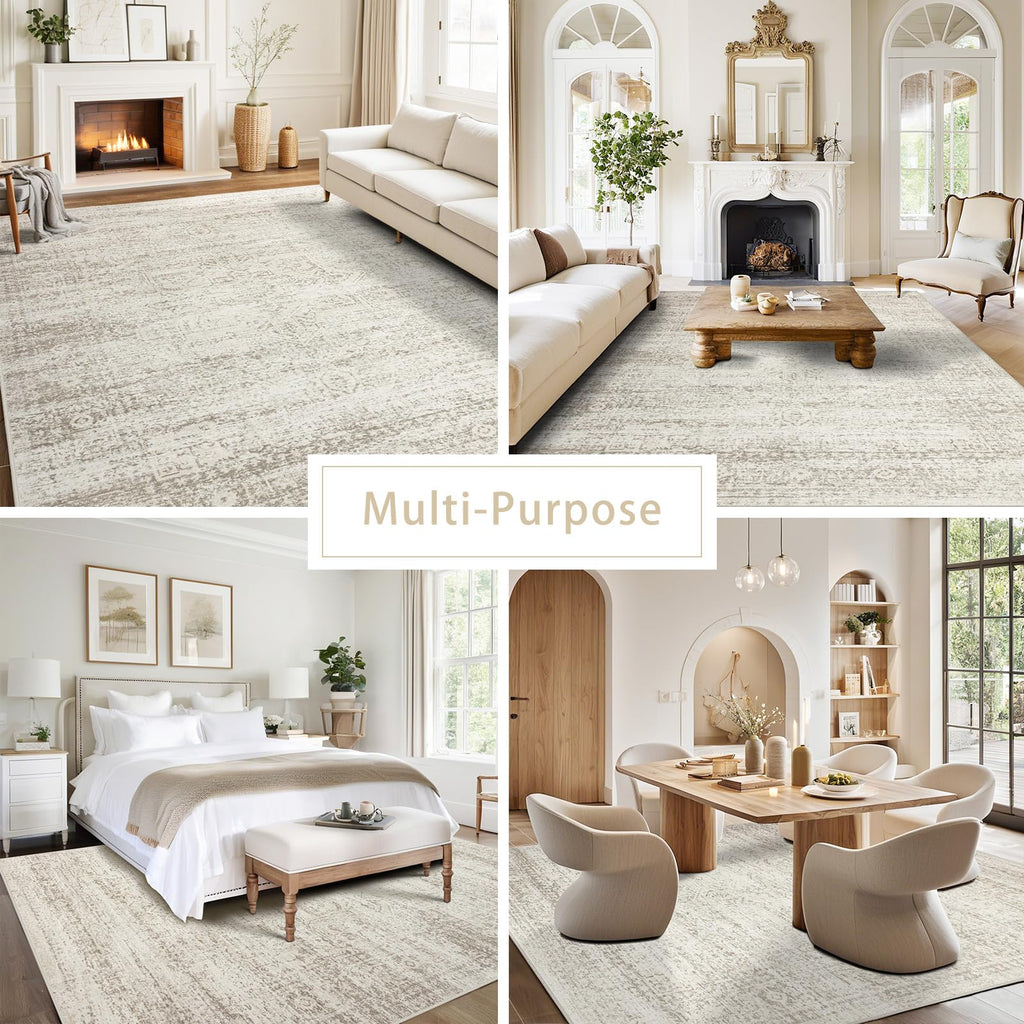 Beige 9x12 Washable Non-Slip Faux Wool Vintage Low-Pile Area Rug