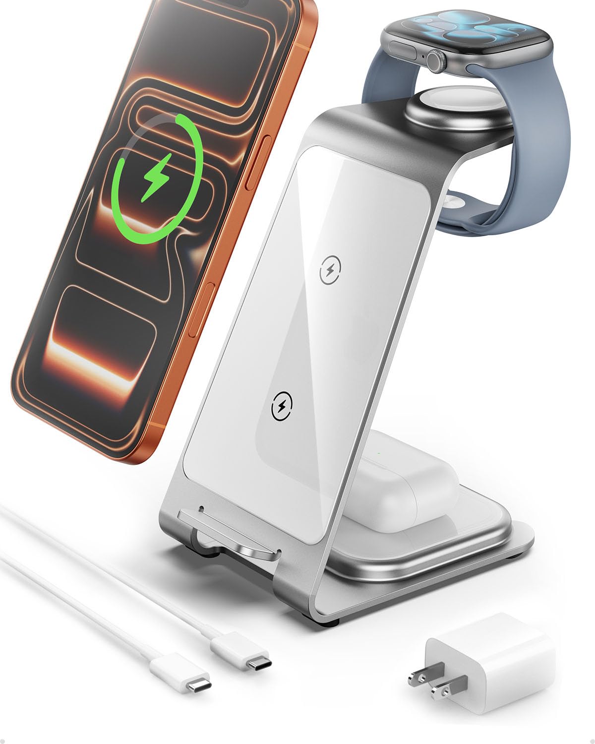 Aluminum 3 in 1 Wireless Charging Station for iPhone Apple Watch AirPods Silver Retail $37.00