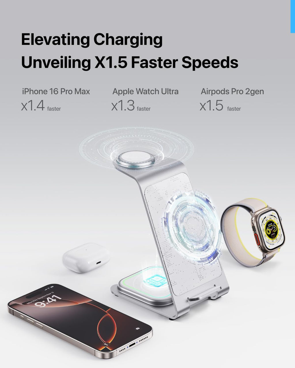 Aluminum 3 in 1 Wireless Charging Station for iPhone Apple Watch AirPods Silver Retail $37.00
