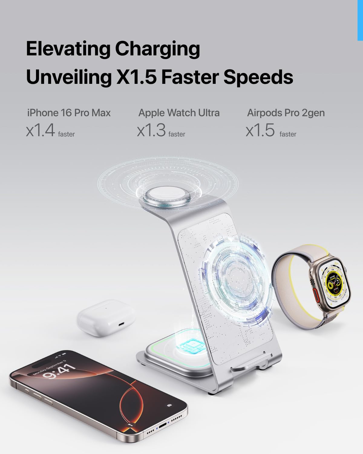 Aluminum 3 in 1 Wireless Charging Station for iPhone Apple Watch AirPods Silver Retail $37.00