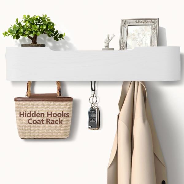 Coat Rack Wall Mount with Hidden Hooks Modern Key Holder Wood Entryway Hook with Shelf for Bedroom Kitchen Hallway Bathroom Designed for Hanging Coats Hats Bags Towels Dog Leashe(White,5 Hooks) Retail $36.00