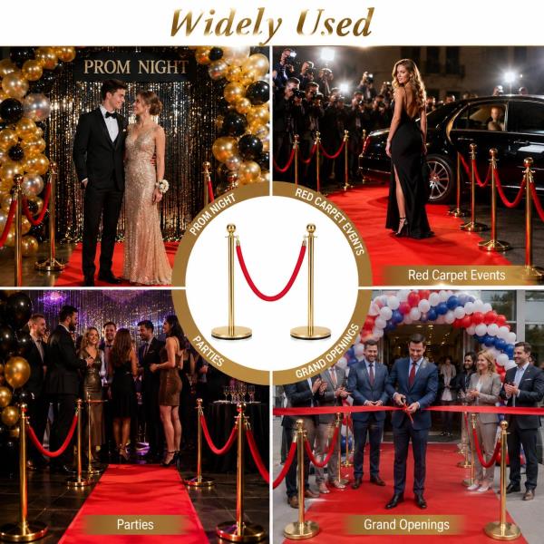PCS Stanchion Post Crowd Control Barriers with 5 ft Red Velvet Rope Stainless Steel Gold