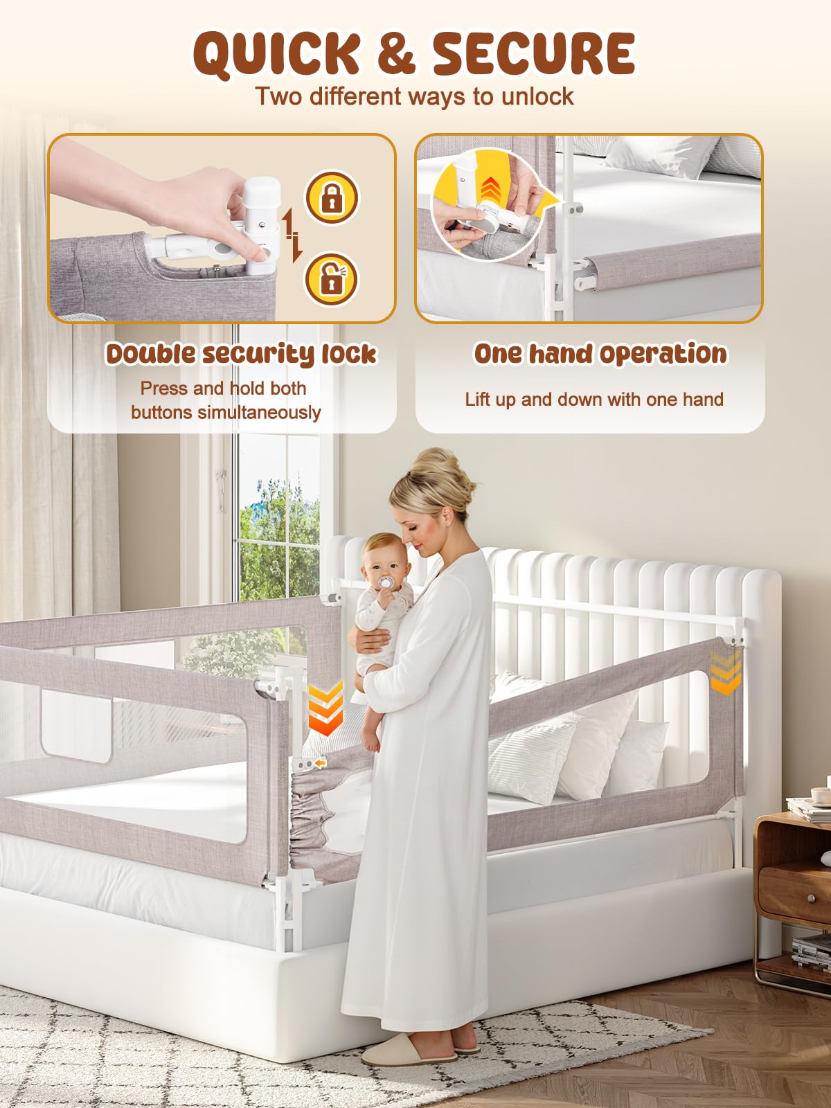 Grey 3-Piece Adjustable Height Sturdy Queen Bed Rail Guard Retail $129.00