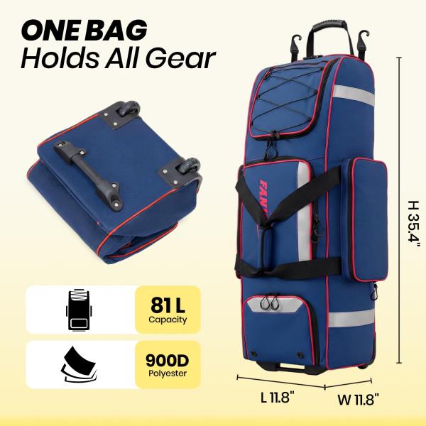 L Rolling Baseball Catchers Gear Bag 3-Zone Storage Blue