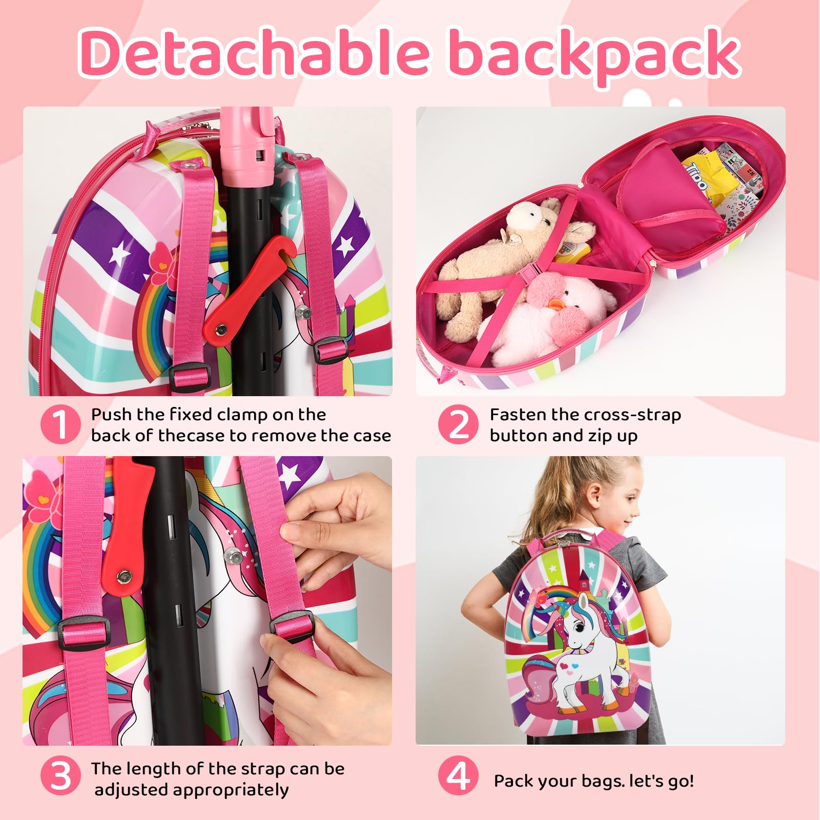 -in-1 Ride-On Scooter Suitcase Hardside for Kids LED Wheels Retractable Handle Pink