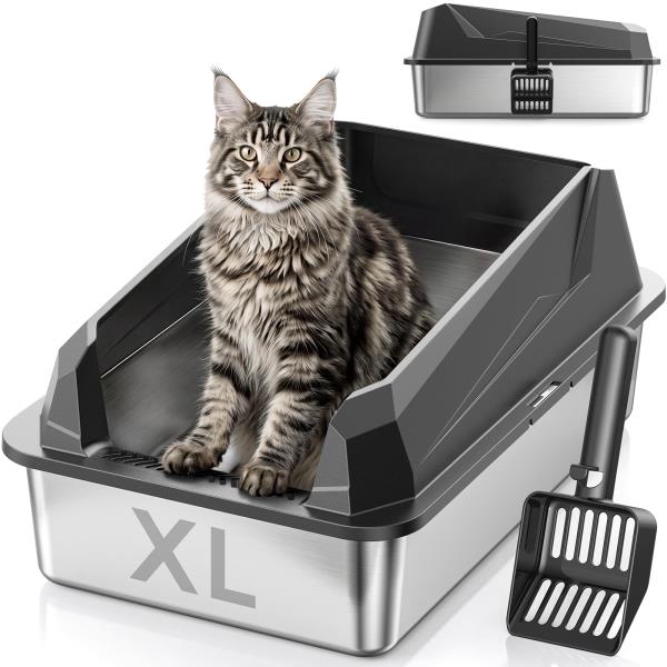 XL Cat Litter Box with Stainless Steel Inner Tank and Side-Entry Removable Lid Dark Gray