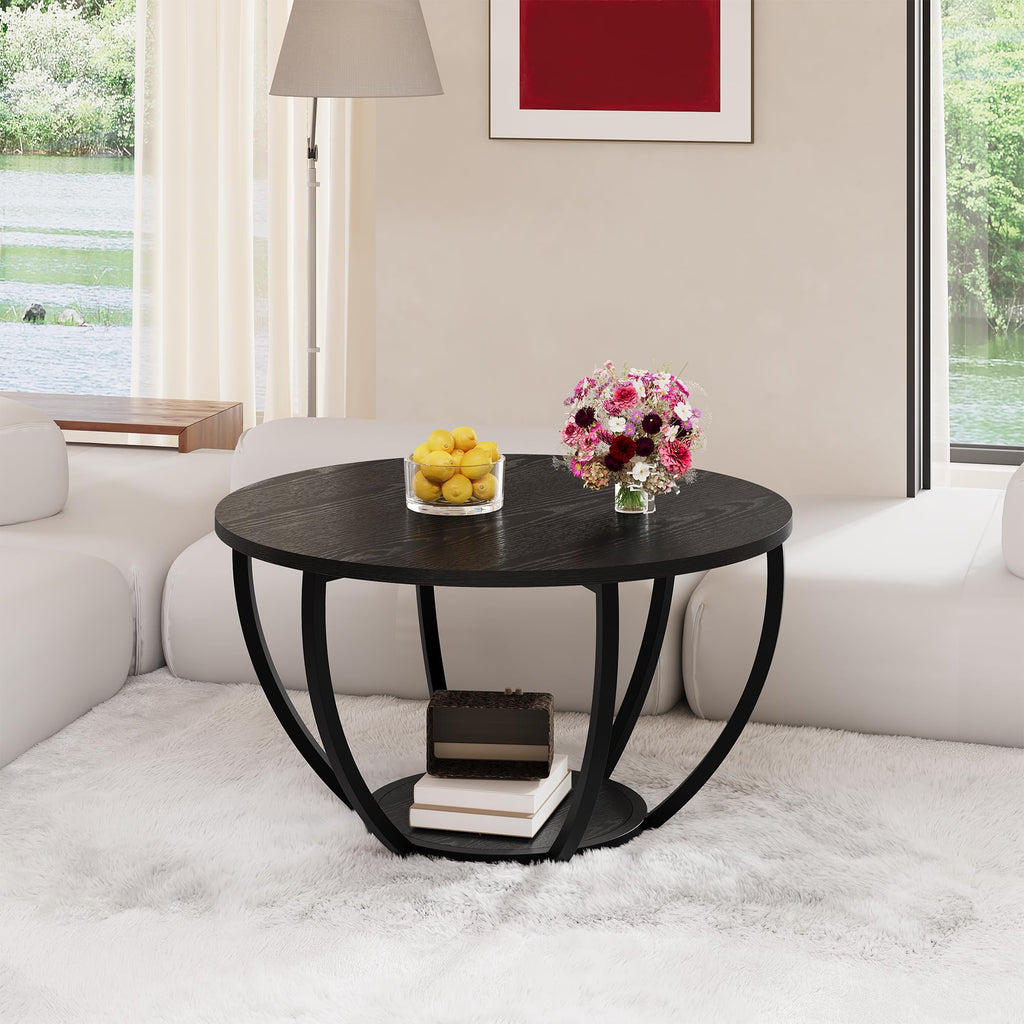 New HOMERECOMMEND Black Round Wooden 2-Tier Coffee Table with Storage Shelves. Retail $65.00
