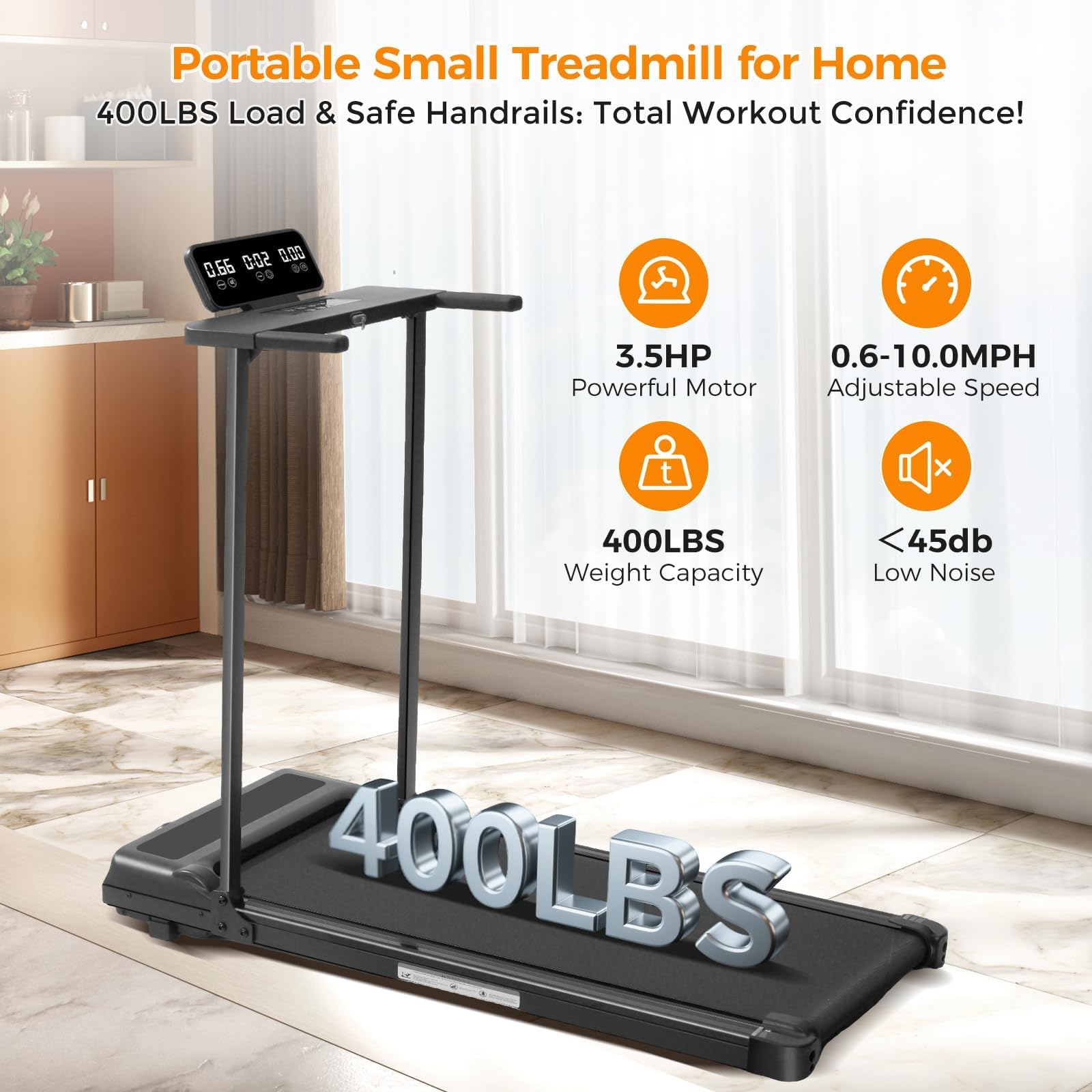 Black Walking Pad Treadmill with Handle Bar  Big Screen 3.5HP Electric 0.6-10MPH 400LBS Retail $139.00