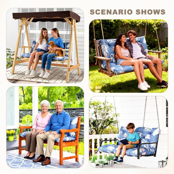 Waterproof Porch Swing Cushion with Backrest 2-3 Seater Thickened Bench Cushion Tropical Leaf 47x40
