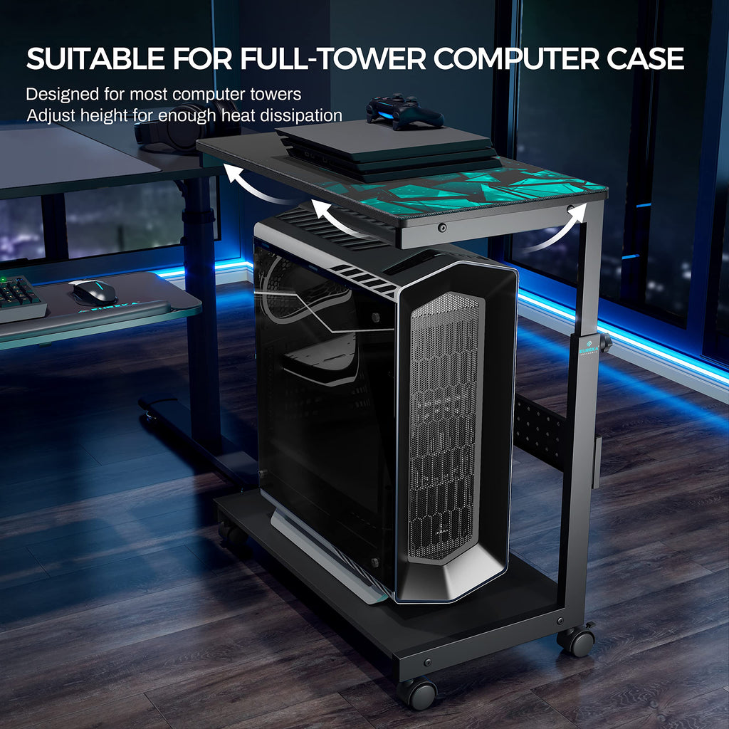 Black Height Adjustable 2-Tier PC Tower Stand Computer Cart with Wheels