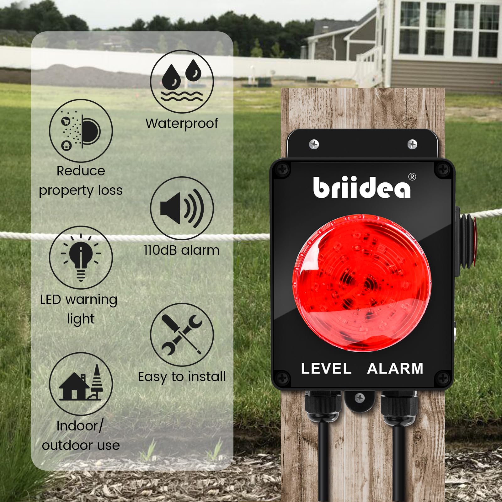 Briidea Indoor/Outdoor High Water Alarm with 110dB Loud Alarm, Large LED Indicator, AC Power, Test Button, 10ft Level Float Switch, Ideal for Septic Sump Pump Retail $79.00