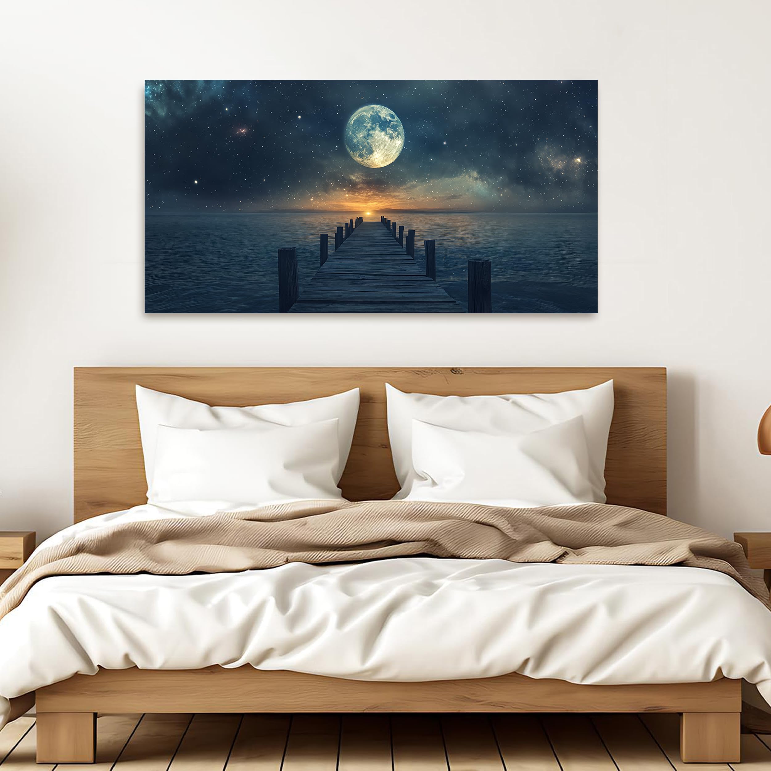 Canvas Wall Art Modern Landscape Coastal Blue Star Moon Decor 20 x 40 $43.50