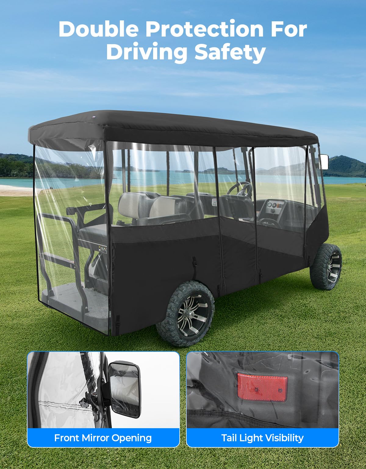 KEMIMOTO Golf Cart Enclosure, 6 Passenger Golf Cart Rain Cover, 600D Waterproof Driving Enclosure with Clear PVC Windshield for Extended Roof Golf Retail $199.00