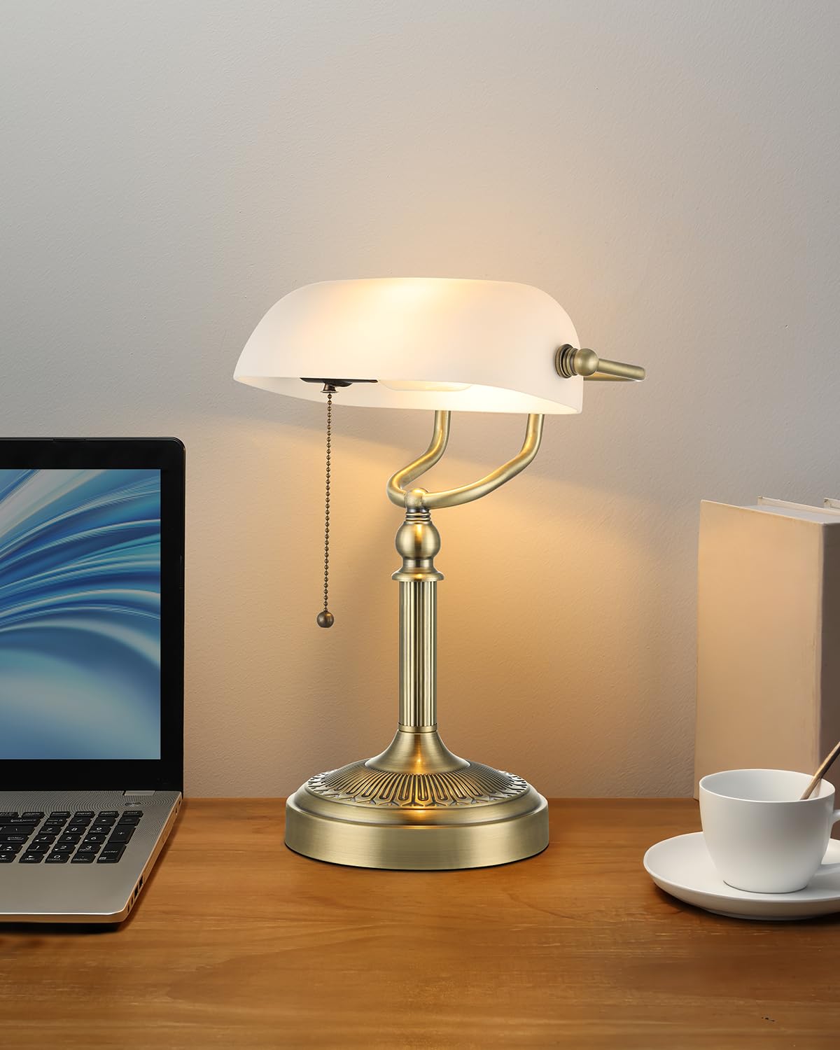 Open-Box New Newrays Glass Bankers Desk Lamp - Matted White-Green Bronze