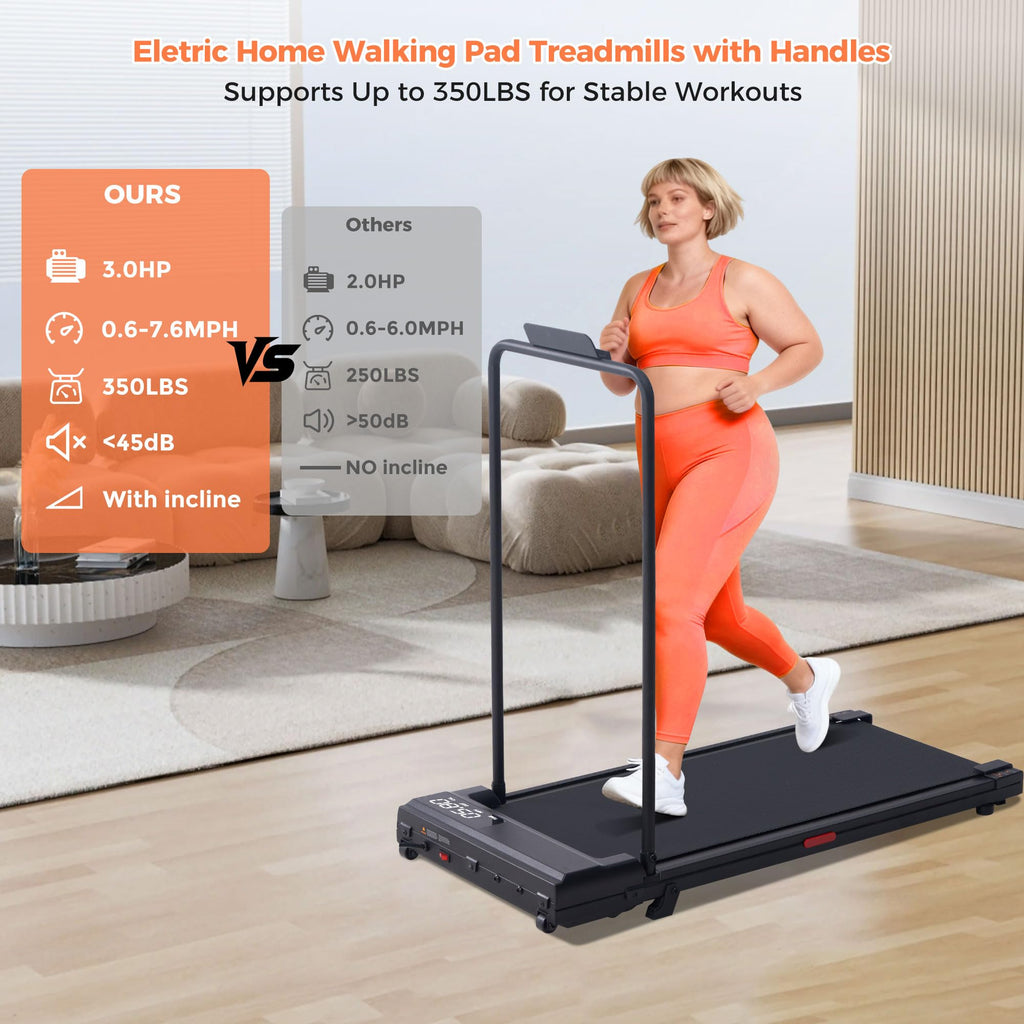 Black Portable Under Desk Walking Pad Treadmill with Handles 3.0HP 0.6-7.6MPH 350LB Capacity