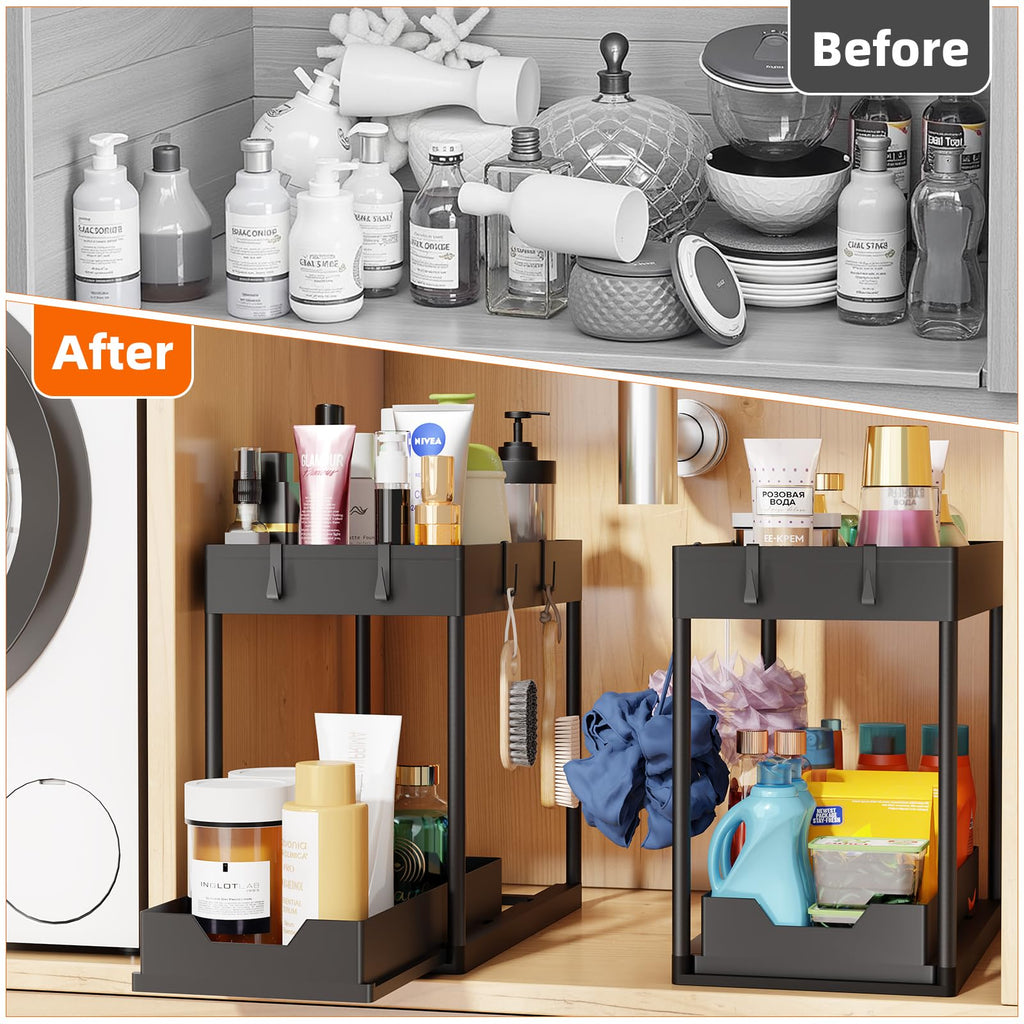 Pack 2-Tier Pull-Out Under Sink Organizer for Kitchen Bathroom Black