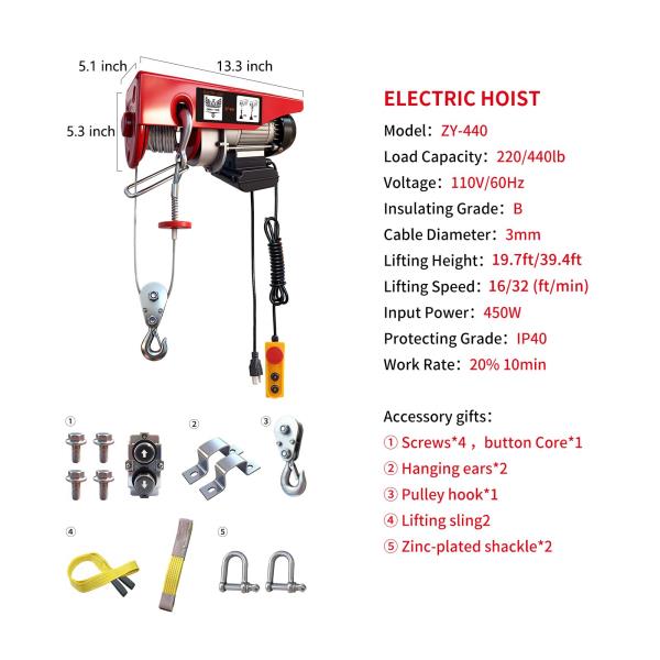 Electric Hoist 440 lbs Material Handling Tool with 14ft Wired Remote Control