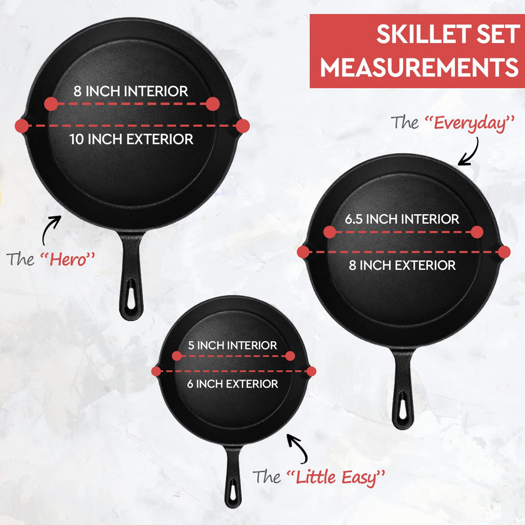 Black 3-Piece Cast Iron Skillet Set Pre-Seasoned 10 8 6.1 Pans