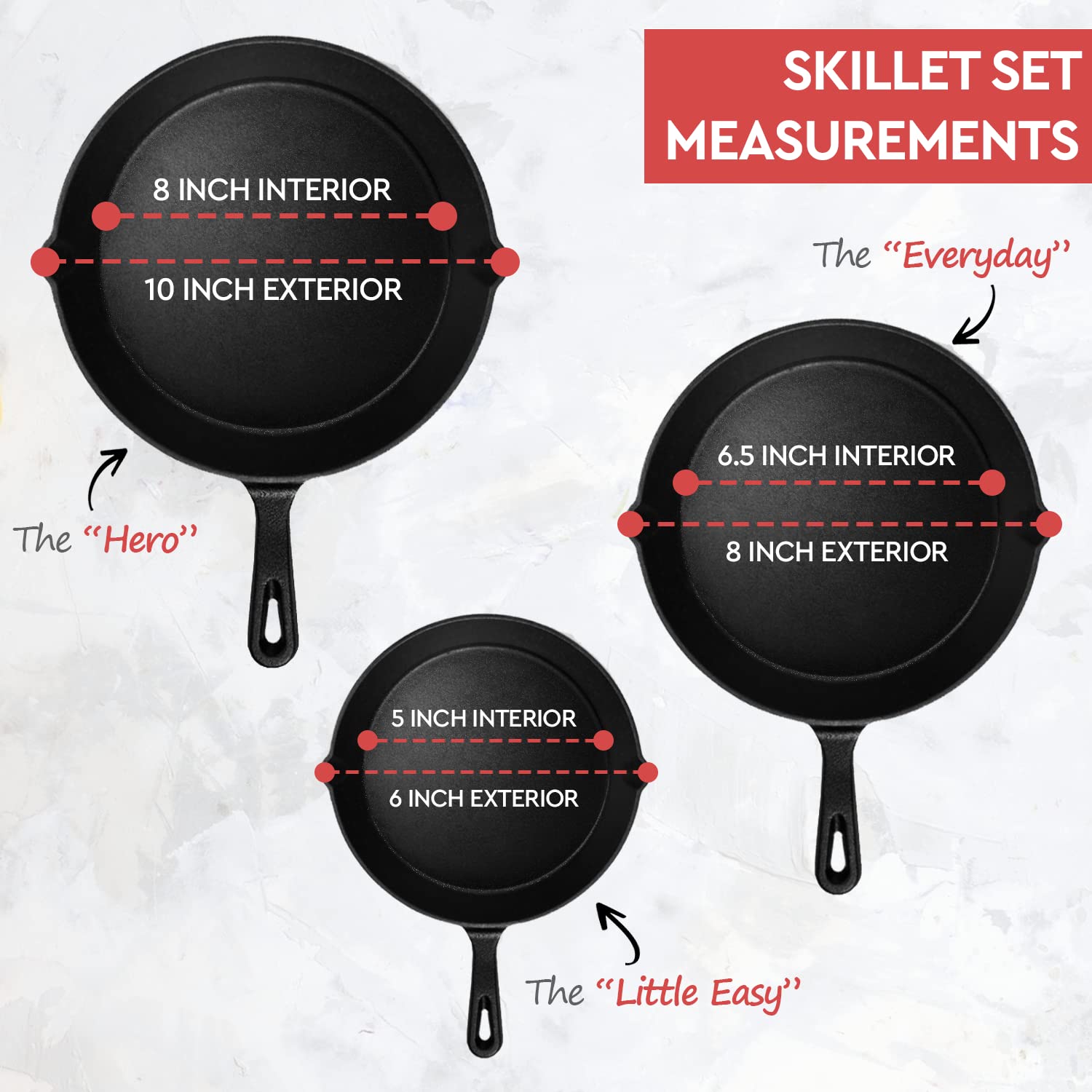 Black 3-Piece Cast Iron Skillet Set Pre-Seasoned 10 8 6.1 Pans