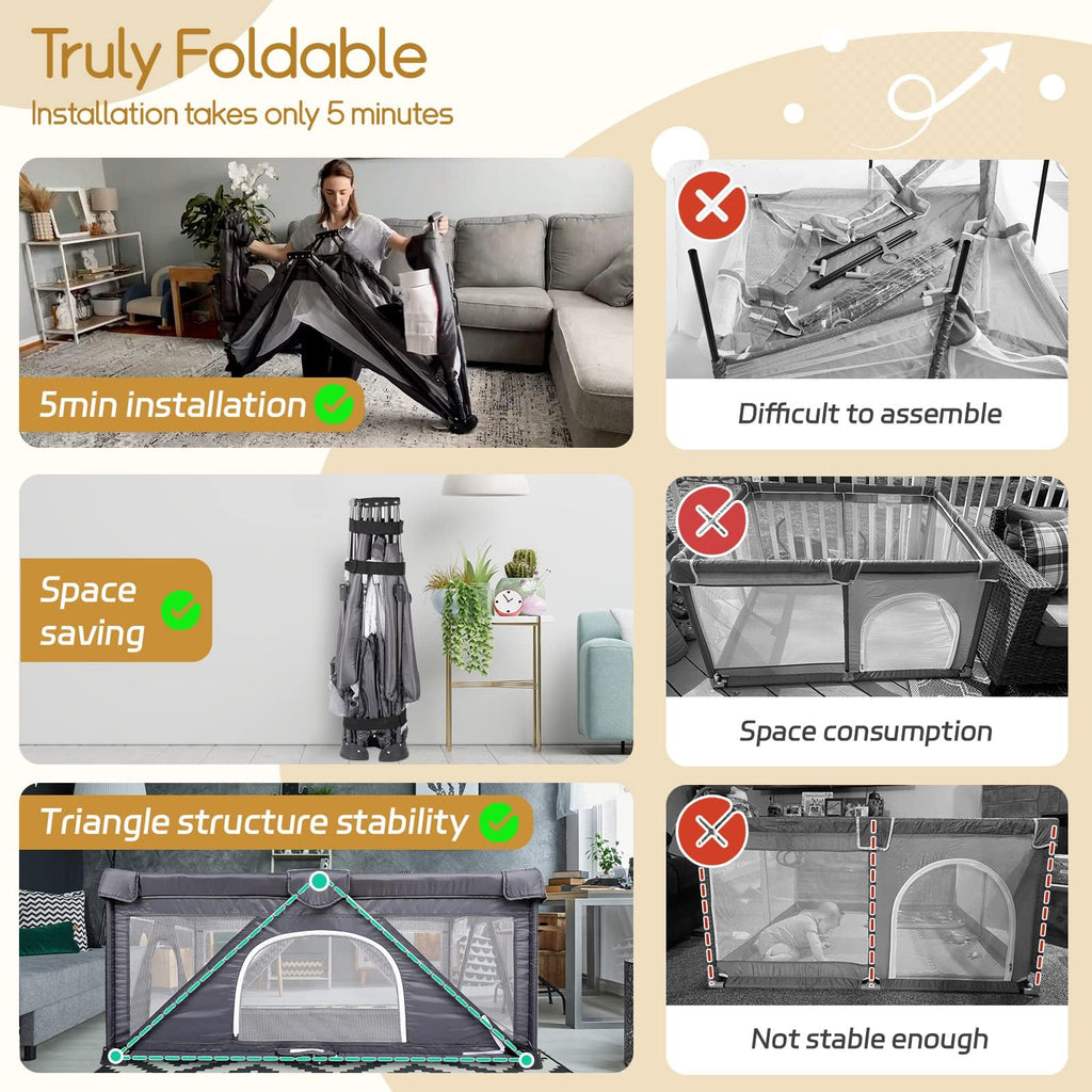 Foldable Baby Playpen Extra Large 50X50 Portable Play Yard Dark Grey