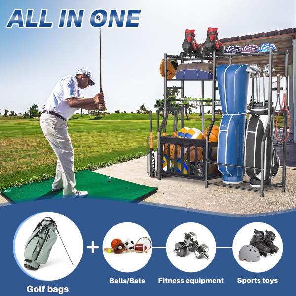 Heavy Duty Garage Sports Equipment Organizer with Golf Bag Storage Rack and Ball Holder