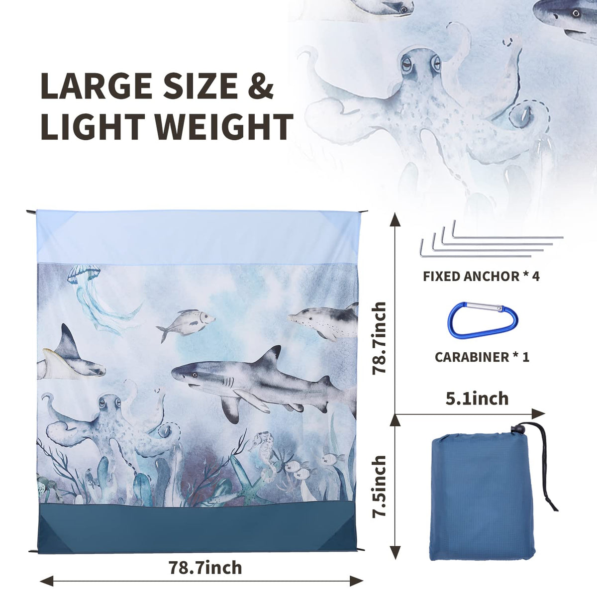 Blue-Sea Camping Blanket 7x7ft Sandproof Beach Mat