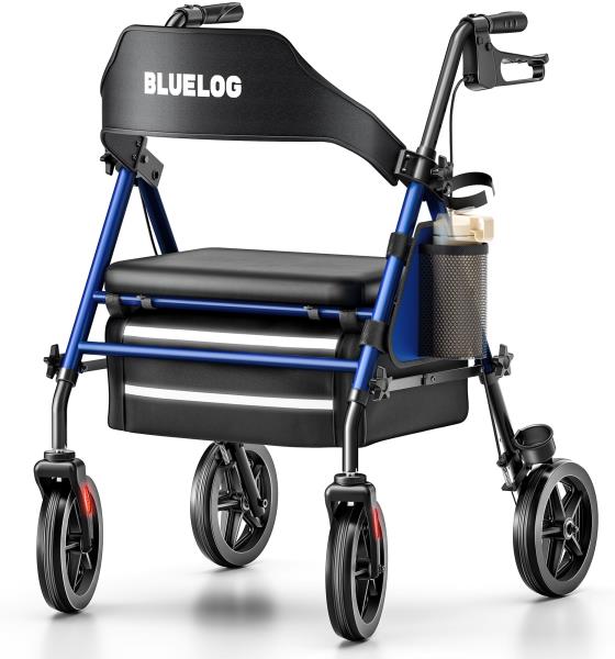 Rolling Walker with Seat Cup Holder and Cane Holder 350 lbs Capacity Blue