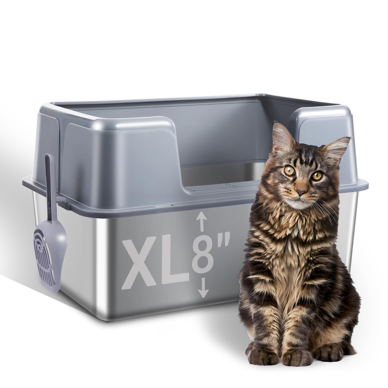 XL Gray High-Sided Stainless Steel Cat Litter Box