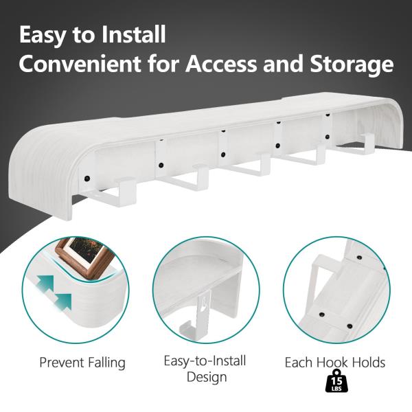 Coat Rack Wall Mount with Hidden Hooks Modern Key Holder Wood Entryway Hook with Shelf for Bedroom Kitchen Hallway Bathroom Designed for Hanging Coats Hats Bags Towels Dog Leashe(White,5 Hooks) Retail $36.00
