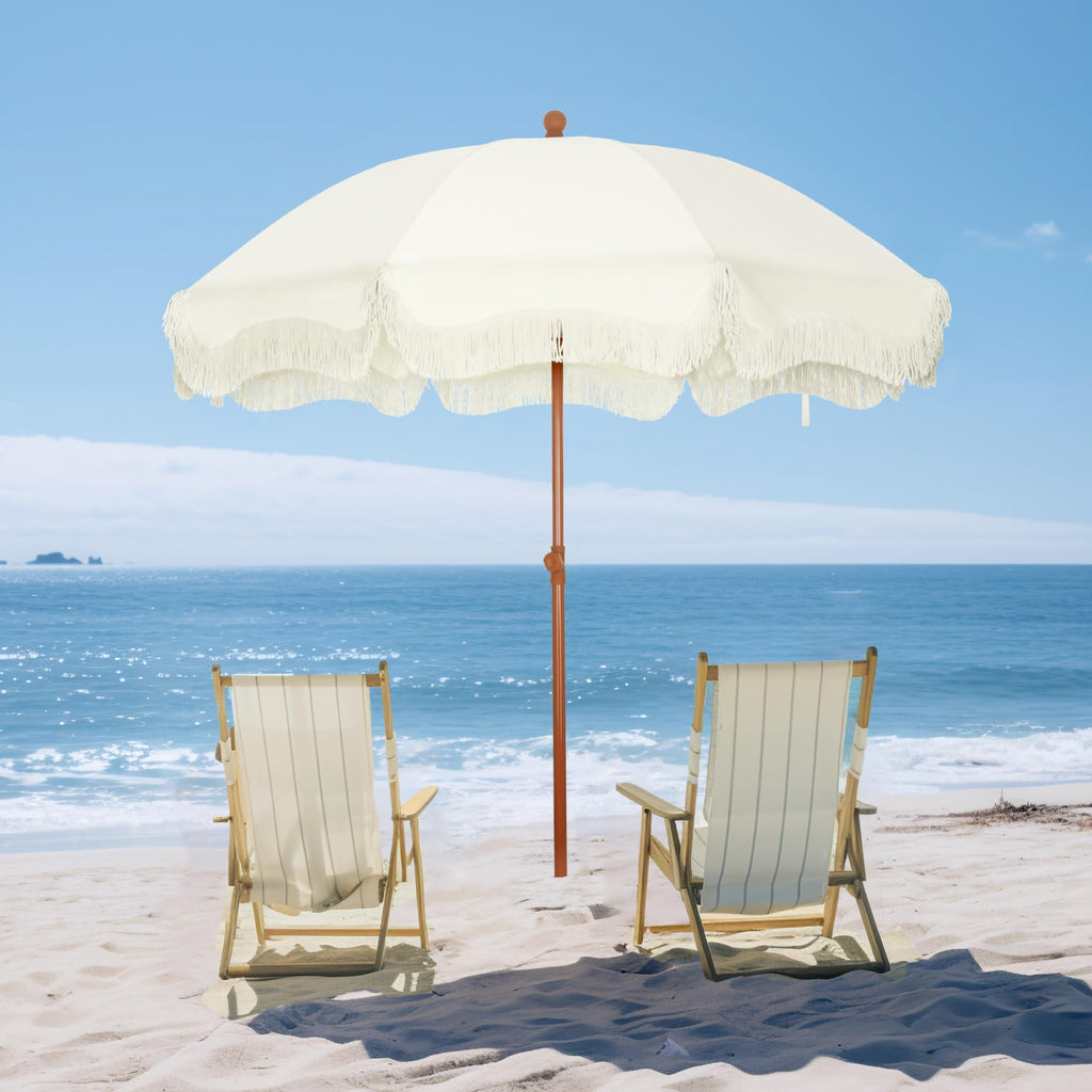 ft Creamy White Patio Beach Umbrella with Fringe Design Sand Anchor