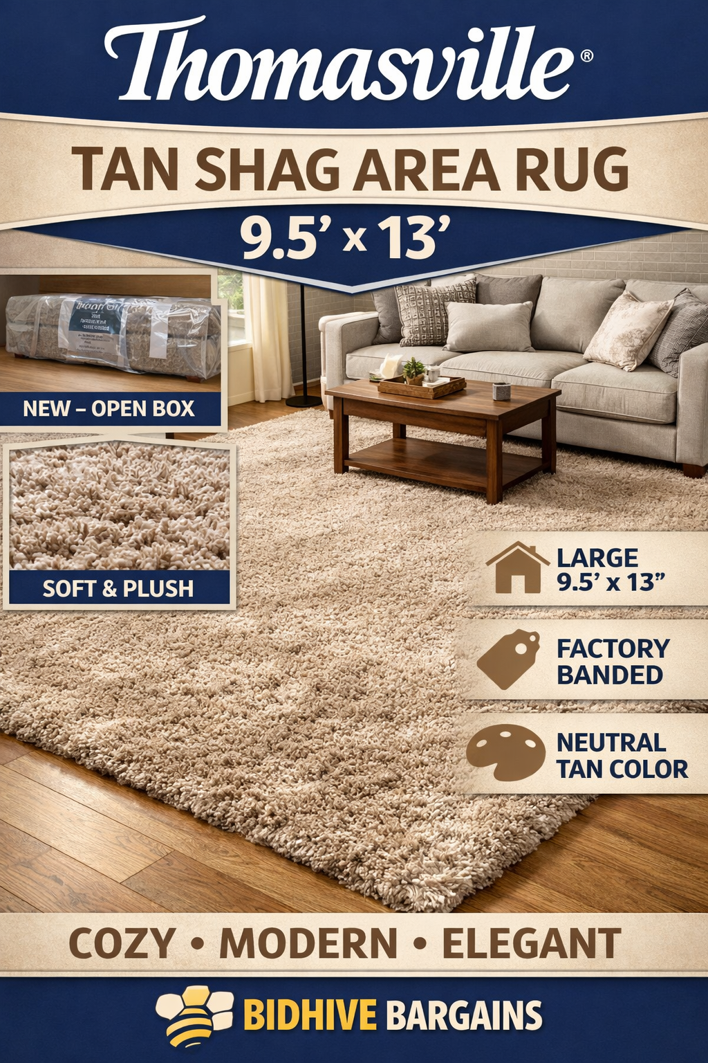 Thomasville Tan Shag Area Rug – 9.5' x 13' – New