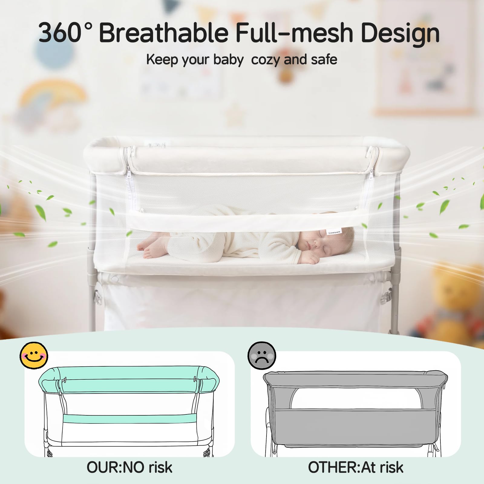Baby Bedside Bassinet 5-Level Adjustable Height - White