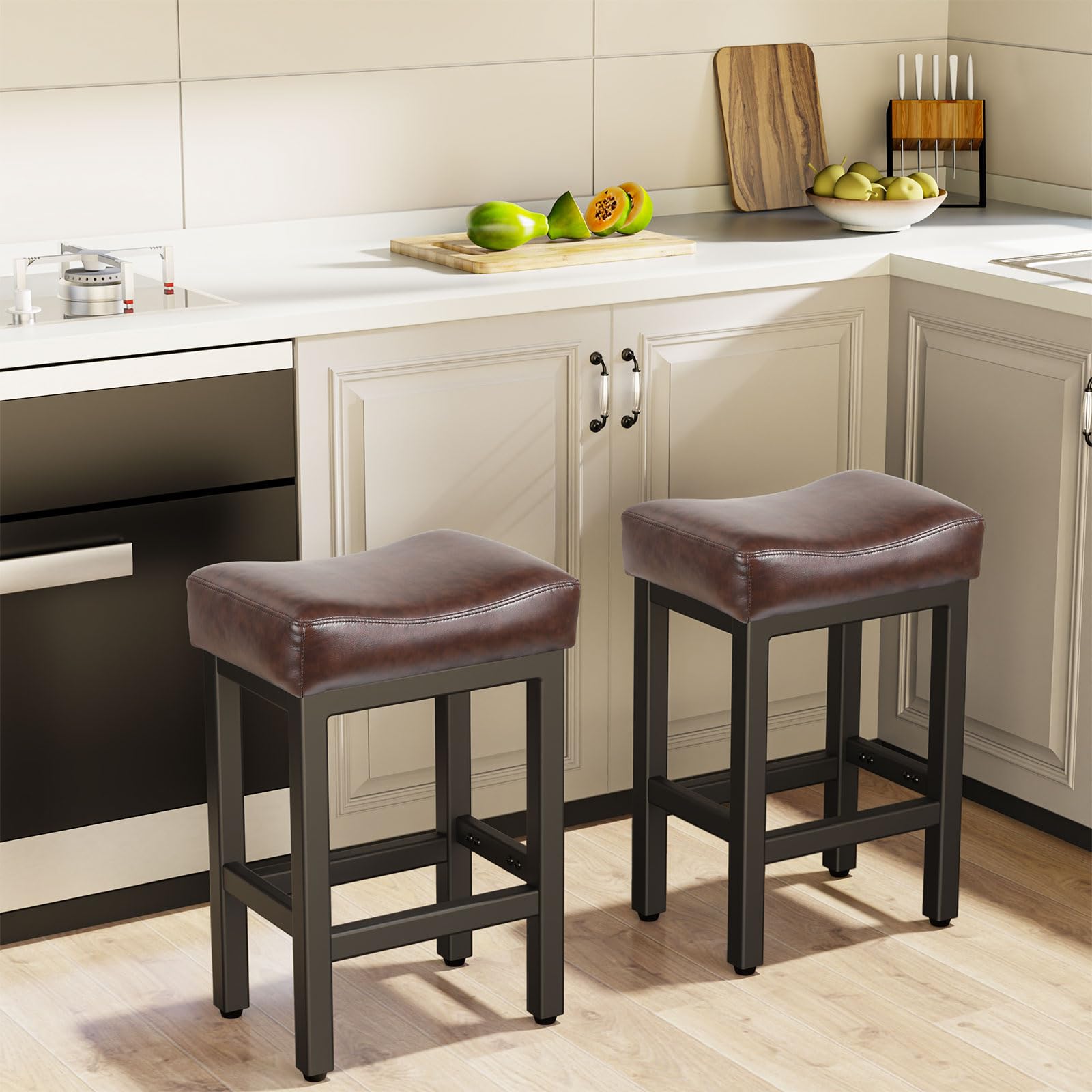 Open-Box New Raynesys Set of 3 24 All Black Saddle Seat Counter Height Barstools