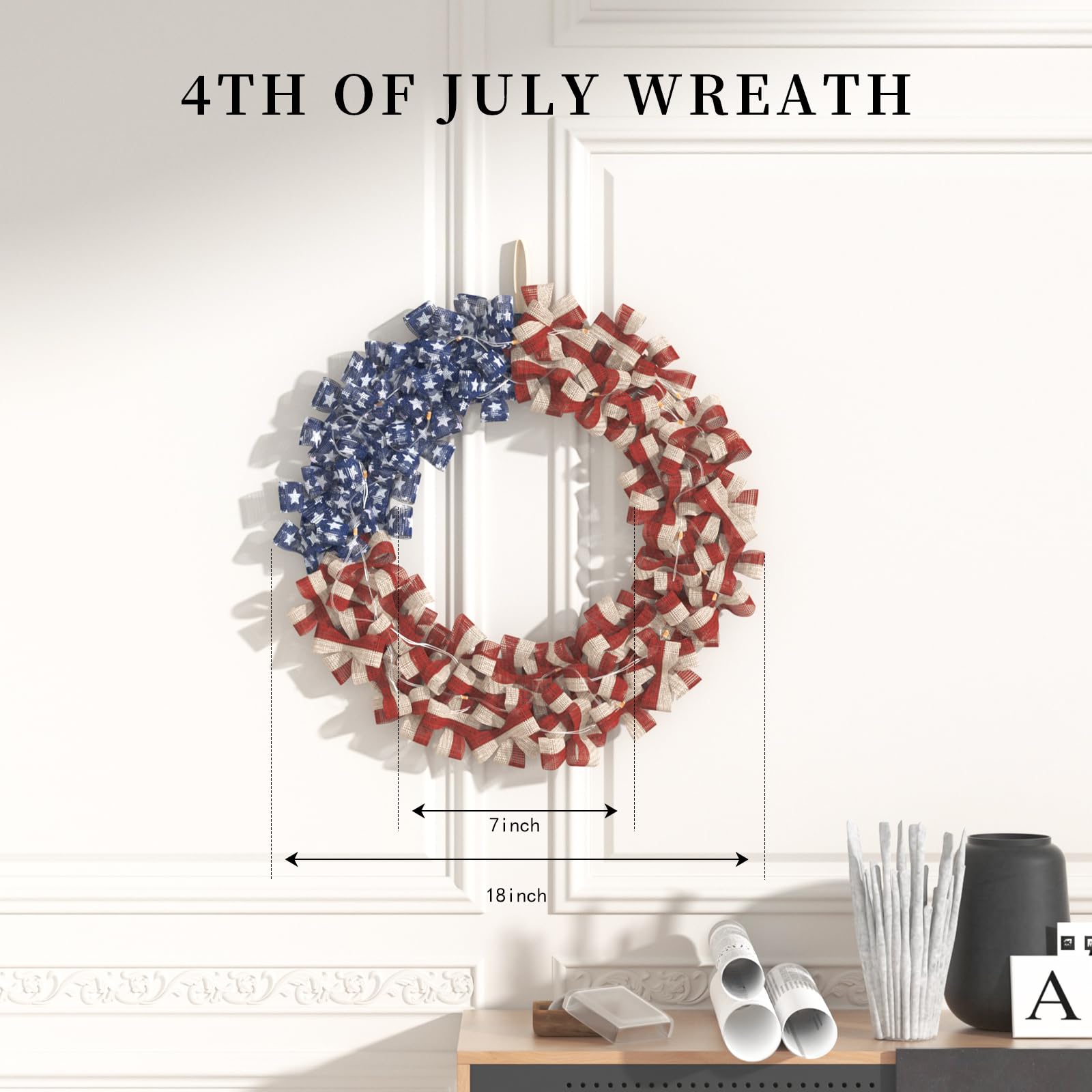 Inch Patriotic Burlap Red White Blue Wreath with Timer Light Strip