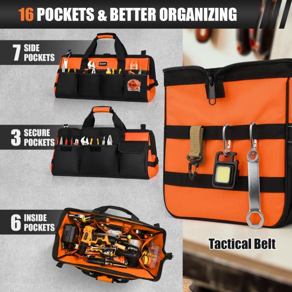 Extra Large 20 Heavy Duty Tool Bag Organizer with 16 Pockets Orange