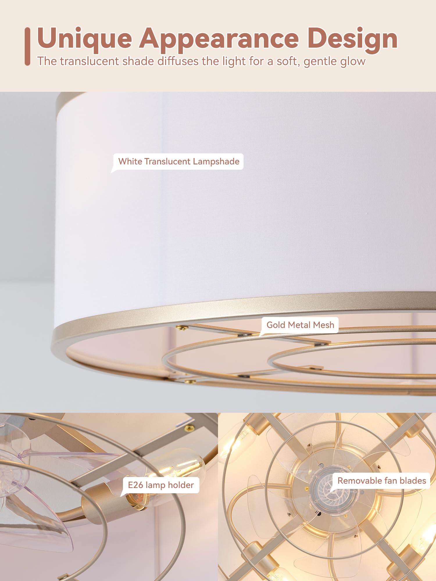 Gold Boho Low Profile Ceiling Fan with Light Flush Mount  Remote Control