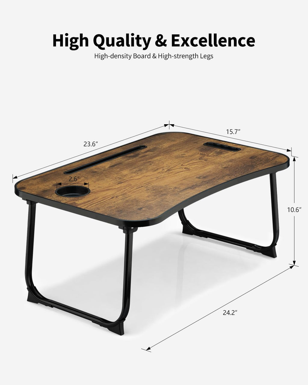 Rustic Brown Foldable Lap Desk Bed Table w Cup Holder  Tablet Slot 23.6 x 15.7