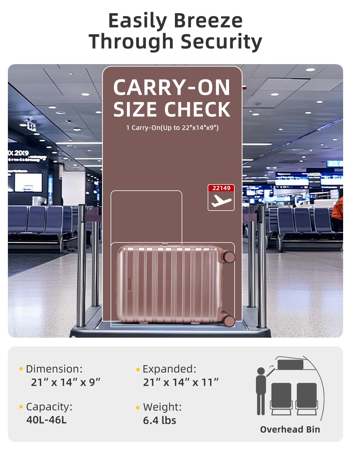 Rose Gold 20 Inch Expandable Hardside Carry On Luggage 22x14x9 with Spinner Wheels TSA Lock Retail $89.00