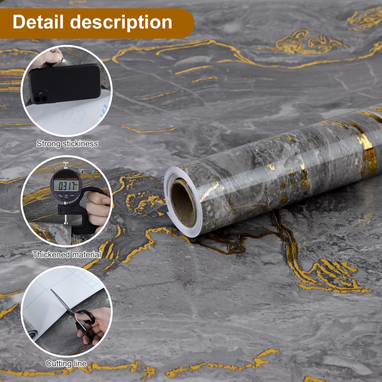 Grey and Gold Glossy Marble Peel and Stick Wallpaper 23.6 x 472.4 for Countertops $59.25