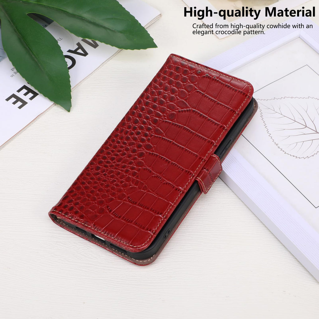 iPhone 16 Pro Leather Flip Case Crocodile Pattern RFID Blocking - Red
