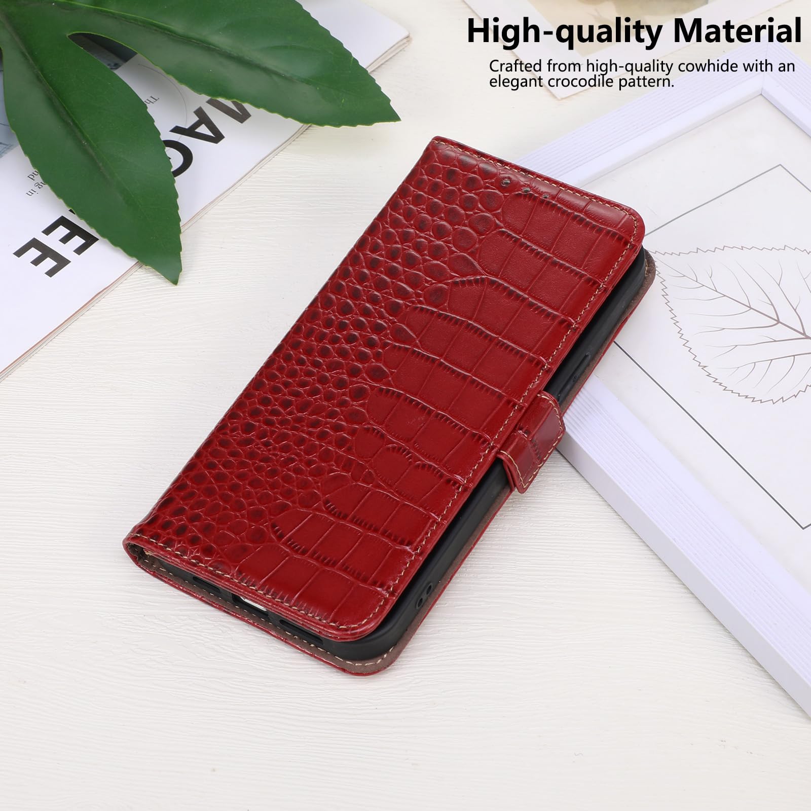 iPhone 16 Pro Leather Flip Case Crocodile Pattern RFID Blocking - Red