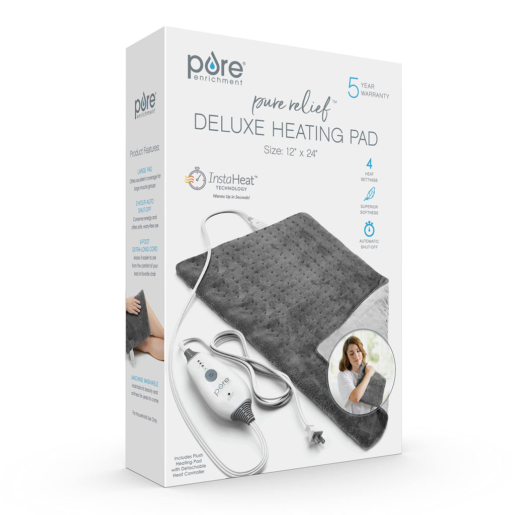 PureRelief Deluxe Heating Pad 12 x 24 4 InstaHeat Settings Gray