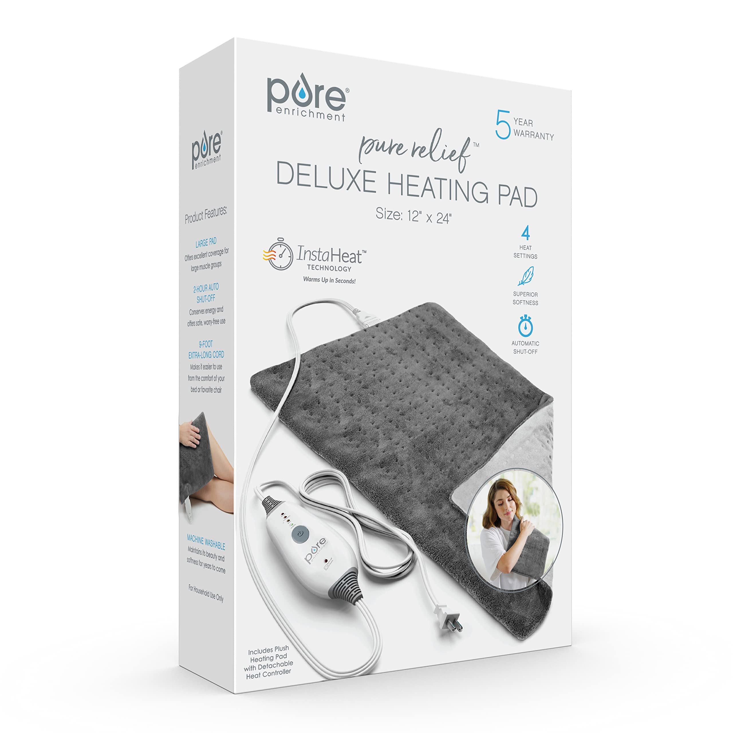 PureRelief Deluxe Heating Pad 12 x 24 4 InstaHeat Settings Gray