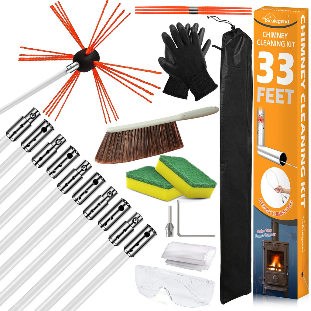 Chimney Cleaning Kit with 10 Flexible Rods Brush - 33ft Black