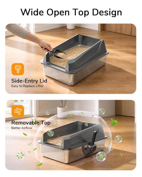 XL Cat Litter Box with Stainless Steel Inner Tank and Side-Entry Removable Lid Dark Gray