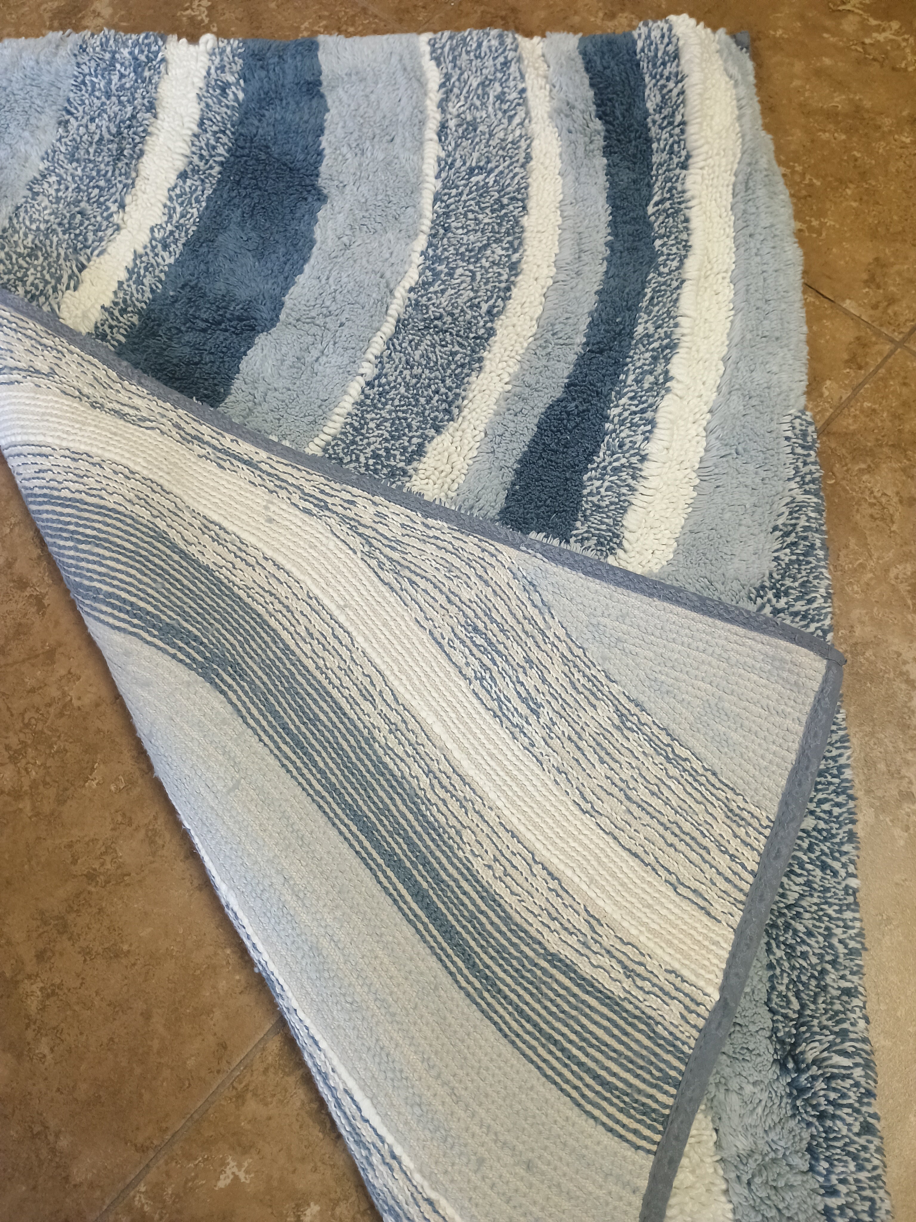 Cotton Blue White Swirl Striped Bath Mat Rug 24x36 Inches